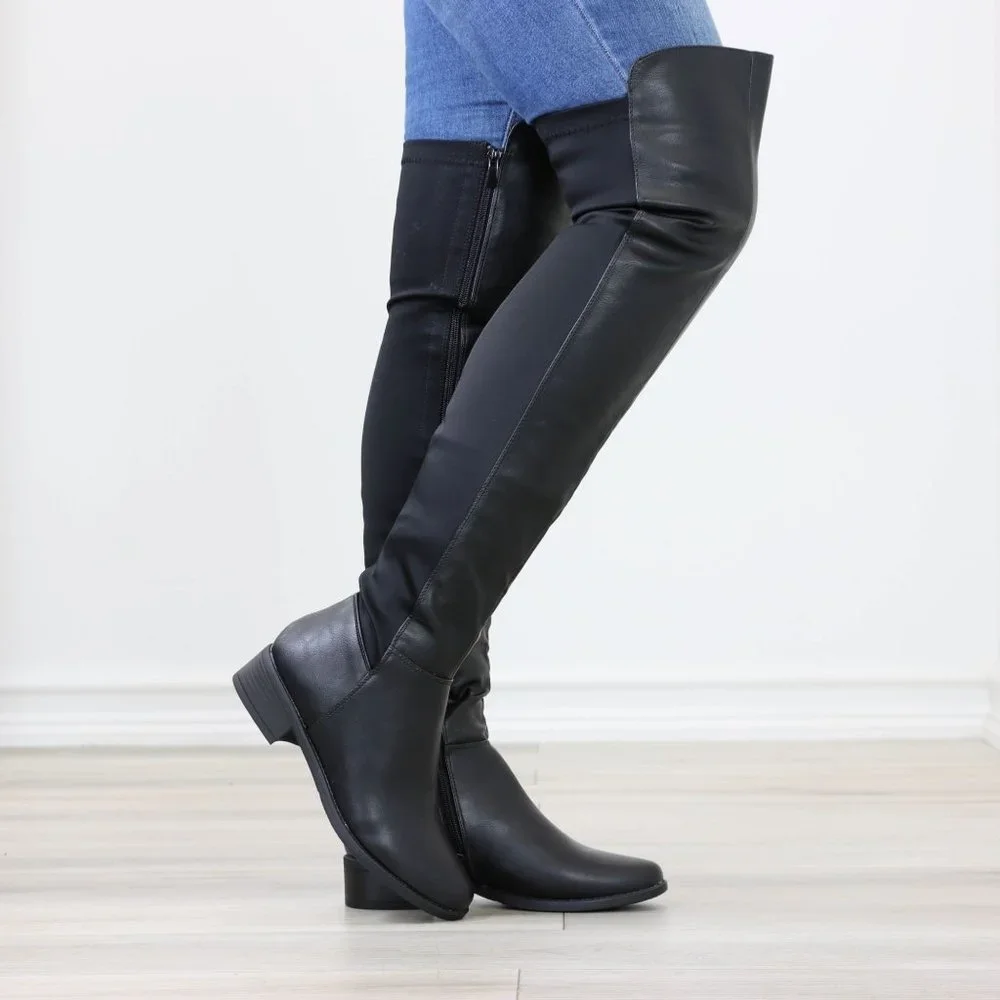 Low Heel Thigh High Boots Over The Knee Faux Leather & Stretchy Material Mix